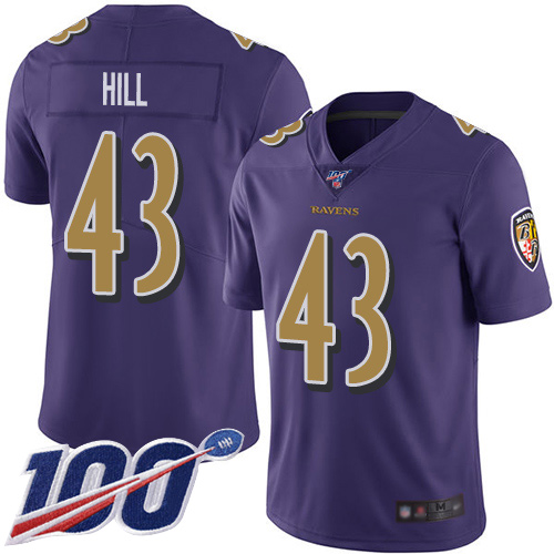 Baltimore Ravens Limited Purple Men Justice Hill Jersey NFL Football #43 100th Season Rush Vapor Untouchable